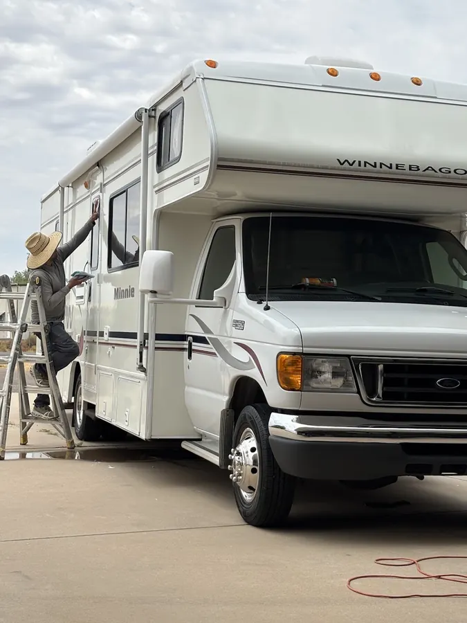 Washing a Winnebago Class C from a ladder